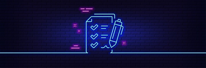 Neon light glow effect. Survey Checklist line icon. Report sign. Business review symbol. 3d line neon glow icon. Brick wall banner. Survey checklist outline. Vector