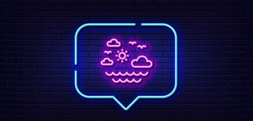 Neon light speech bubble. Travel sea line icon. Sun, clouds and waves sign. Summer holidays symbol. Neon light background. Travel sea glow line. Brick wall banner. Vector