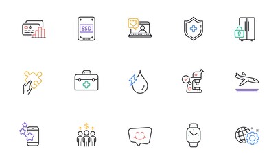 Best app, Hydroelectricity and Ssd line icons for website, printing. Collection of Friends chat, Card, Smartwatch icons. Arrivals plane, Seo gear, Refrigerator web elements. Puzzle. Vector