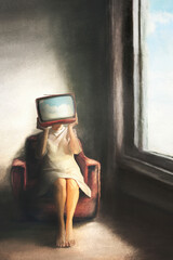 surreal illustration of a woman with her head hidden by a tv projecting a sky - obrazy, fototapety, plakaty