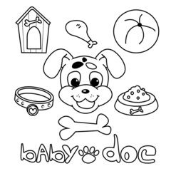 Cute puppy and hand drawn pet items. Funny muzzle of a dog, booth, bone, collar, bowl of food, ball. Vector illustration.