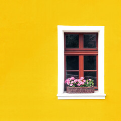 Fototapeta na wymiar Window with flower box. Italian architecture background. Vibrant color yellow wall facade. Small town house exterior. Street of European city building. Empty copy space wall. Square shape view.