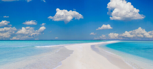 Beautiful tropical island beach on background blue sky with white clouds and turquoise ocean sunny day. Perfect natural sandbank landscape as summer vacation beach, ultra wide format. Amazing nature