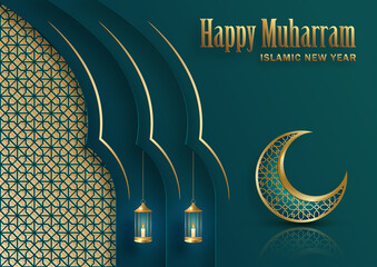 Happy Muharram, the Islamic New Year, new Hijri year design with gold pattern on color background