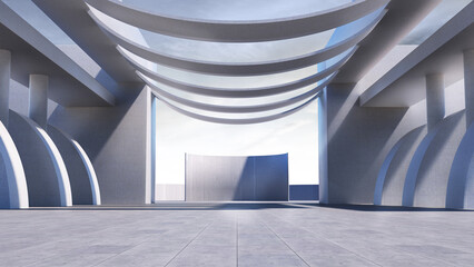 Obraz premium Advanced background High end scenario concrete wall 3D rendering booth Exhibition hall light technology