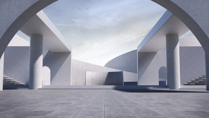 Advanced background High end scenario concrete wall 3D rendering booth Exhibition hall light technology