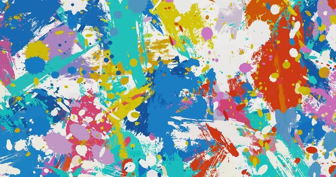 Seamless looped background with chaotic multicolored strokes and drops of paint. Modern creative background. Concept of paint splashes, art, modern, chaotic brushstrokes. 4K video footage