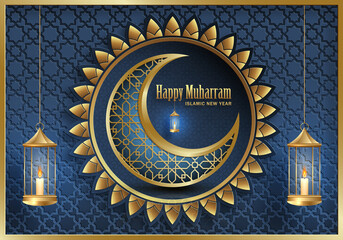 Happy Muharram, the Islamic New Year, new Hijri year design with gold pattern on color background