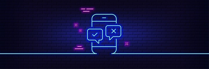 Neon light glow effect. Phone survey line icon. Select answer sign. Business interview symbol. 3d line neon glow icon. Brick wall banner. Phone survey outline. Vector