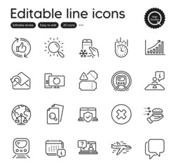 Set of Technology outline icons. Contains icons as Refresh like, Metro and Calendar elements. Send mail, Interview, Laptop insurance web signs. Fast delivery, Search, Graph chart elements. Vector