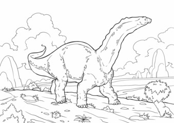 

Coloring book for children with a dinosaur hand-painted in cartoon style