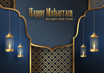Happy Muharram, the Islamic New Year, new Hijri year design with gold pattern on color background