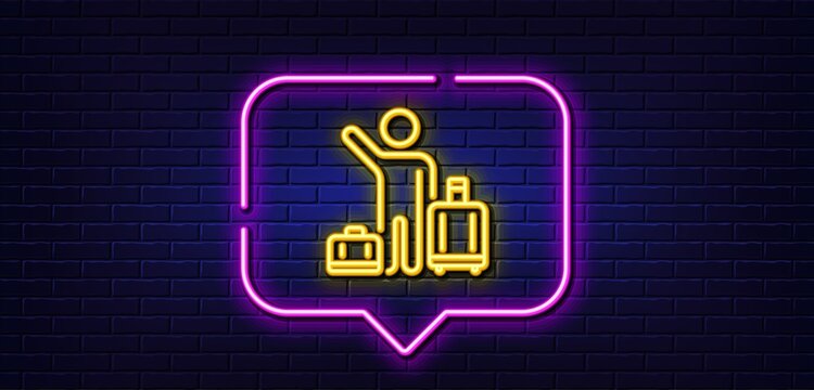 Neon light speech bubble. Baggage reclaim line icon. Airport transfer sign. Flight bags symbol. Neon light background. Airport transfer glow line. Brick wall banner. Vector