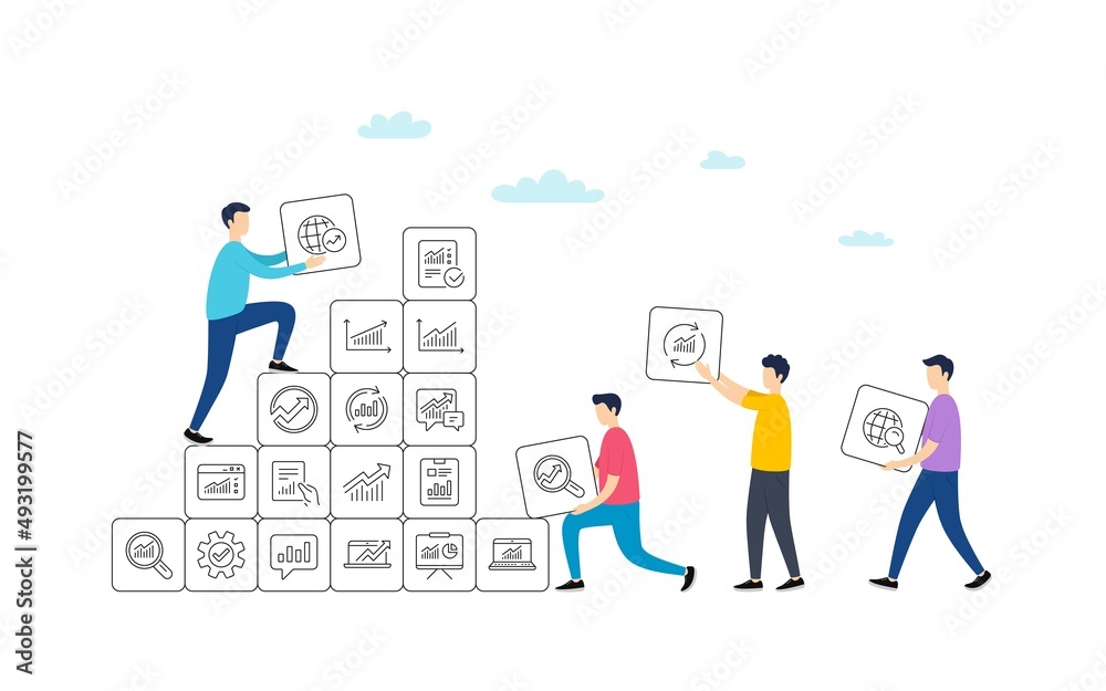 Poster analytics, statistics line icons. people team work concept. set of chart, report document and graph 