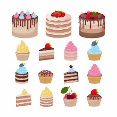 Cakes and pastries. A large set of cakes and cakes decorated with whipped cream, sweet creams and berries. Vector illustration