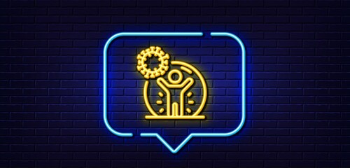 Neon light speech bubble. Coronavirus protection line icon. People isolation sign. Prevention rules symbol. Neon light background. Coronavirus protection glow line. Brick wall banner. Vector