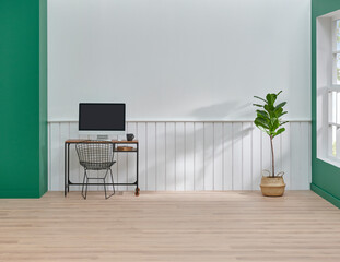 Wall and background room home house style, white and green concept, working table computer lamp vase of plant.