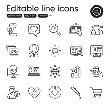 Set of Technology outline icons. Contains icons as Bitcoin atm, Ranking stars and International globe elements. Sms, Air balloon, Technical documentation web signs. Person idea. Vector