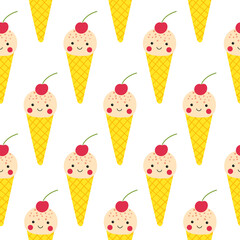 Cute childish pattern with vanilla ice cream in wafer cones. Funny vector sundae print for kids textile or wrapping paper