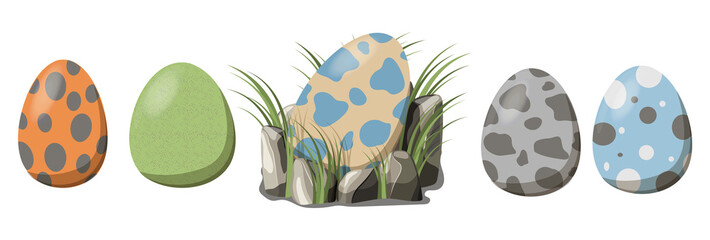 Cartoon Dinosaur eggs. Collection constructor Nest of dinosaurs with eggs and grass. Easy to assemble your own.