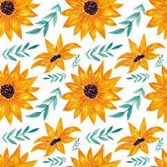 Fototapeta na wymiar Colorful watercolor pattern with sunflowers and leaves on a white background. Seamless pattern for various products.
