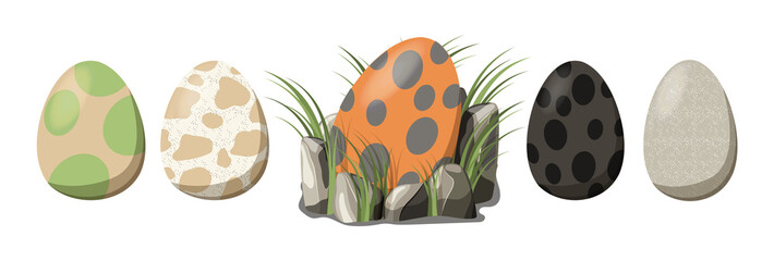 Set constructor Nest of dinosaurs with eggs and grass. Collection Dinosaur egg. Cartoon style. 