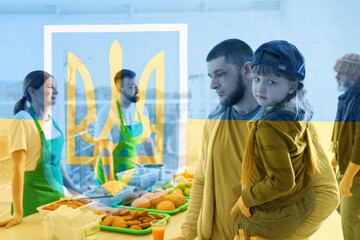 Double exposure of refugees receiving food from volunteers and Ukrainian flag. Help during war