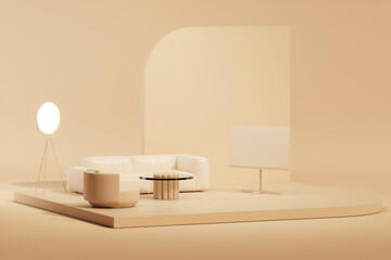 Mockup studio for living room presentation, fashion, performing art, showcase on pastel cream and beige background podium. 3d render
