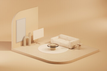 Mockup studio for living room presentation, fashion, performing art, showcase on pastel cream and beige background podium. 3d render
