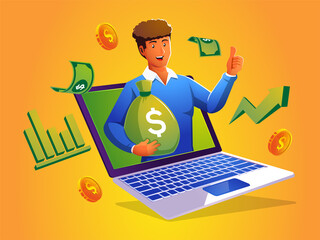 Man earn a lot of money with laptops from the internet