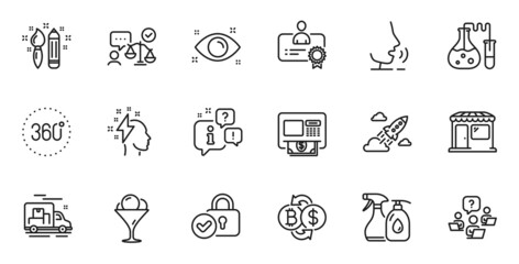 Outline set of Creativity, Certificate and Atm line icons for web application. Talk, information, delivery truck outline icon. Include Brainstorming, Chemistry lab, Startup rocket icons. Vector