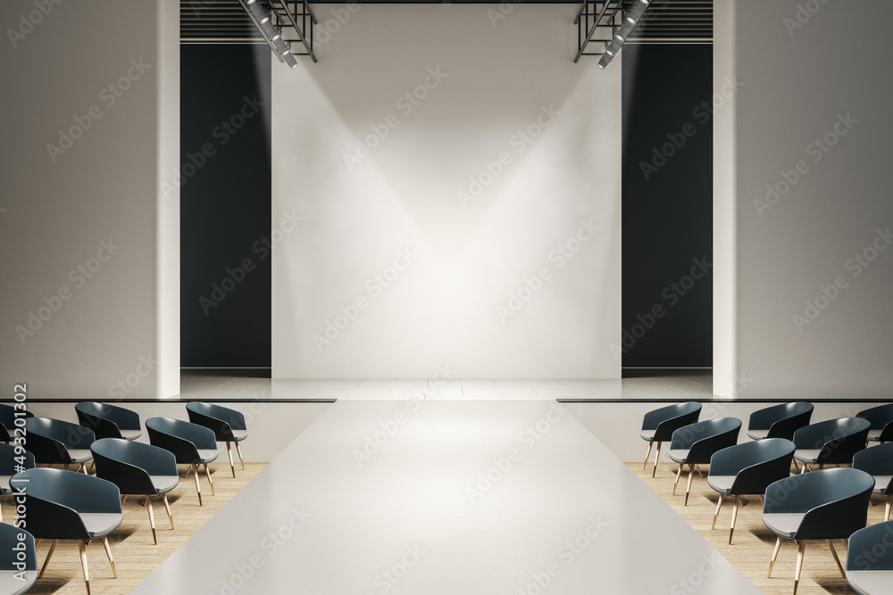 Poster contemporary concrete auditorium interior with seats, runway and empty mock up place on wall. presen