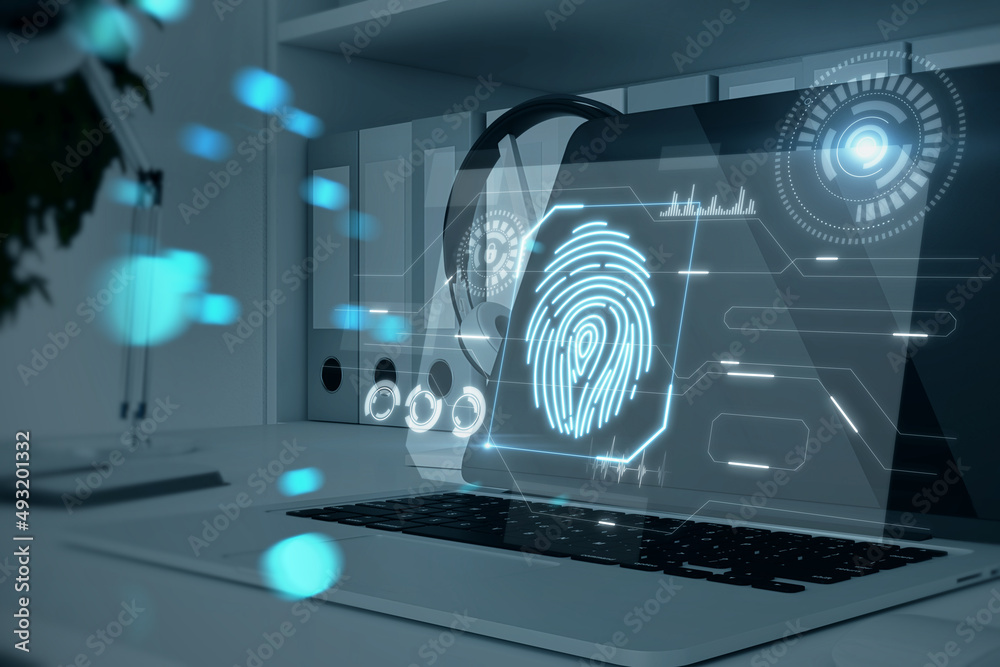 Poster close up of laptop with abstract glowing fingerprint interface on blurry background. login and autho