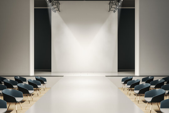 Contemporary concrete auditorium interior with seats, runway and empty mock up place on wall. Presentation and fashion concept. 3D Rendering.