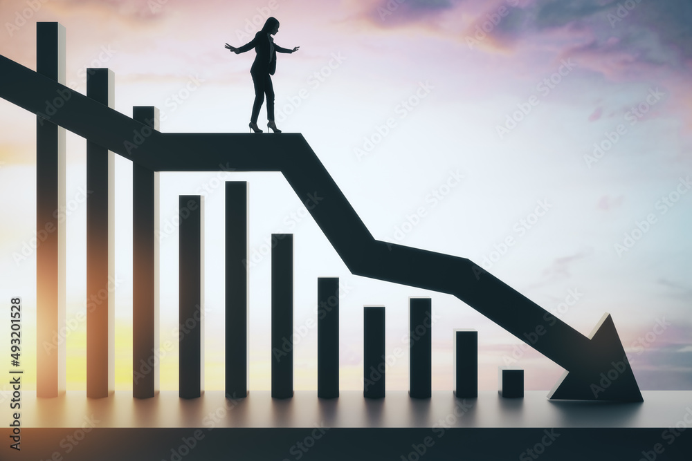 Poster backlit businesswoman balancing on abstract black downward chart arrow on light sky with clouds and 