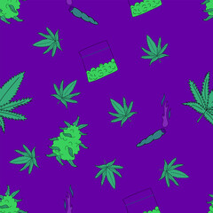 Seamless pattern with marijuana leaves and cigarette, flat vector illustration. For t-shirt prints and other uses.