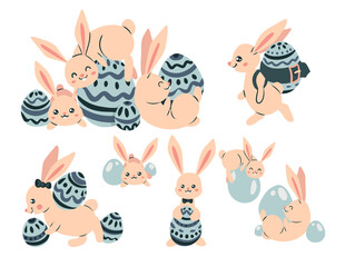 Easter set with pink bunnies on a white background. Cute rabbits play with Easter eggs. Vector illustration.