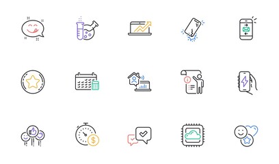 Yummy smile, Smartphone broken and Last minute line icons for website, printing. Collection of Calendar, Cloud computing, Loyalty star icons. Mail, Chemistry lab, Charging app web elements. Vector