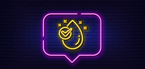 Neon light speech bubble. Water drop line icon. Clean aqua with check sign. Liquid symbol. Neon light background. Water drop glow line. Brick wall banner. Vector