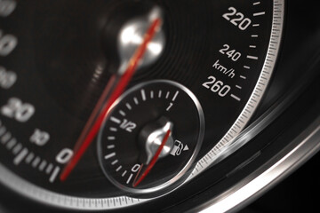 Luxury speedometer of sport car close-up view, car background photo