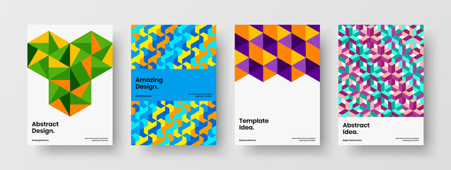 Bright mosaic hexagons magazine cover layout set. Minimalistic brochure vector design illustration composition.