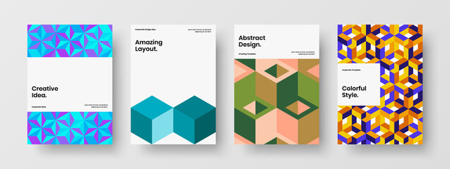 Multicolored corporate identity A4 design vector template bundle. Bright geometric tiles placard illustration composition.