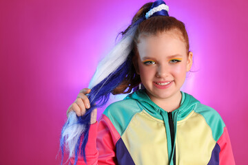 Portrait of cute indie girl on violet background, space for text