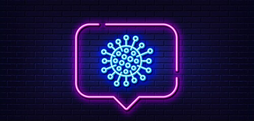 Neon light speech bubble. Coronavirus line icon. Covid-19 pandemic virus sign. Corona virus symbol. Neon light background. Coronavirus glow line. Brick wall banner. Vector