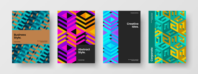 Multicolored geometric hexagons postcard layout collection. Amazing pamphlet A4 vector design illustration bundle.