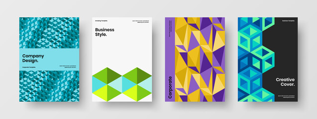 Unique company cover A4 design vector illustration bundle. Bright mosaic hexagons brochure concept collection.