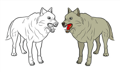 Animals. Black and white image of a big wolf, coloring book for children. Vector drawing.
