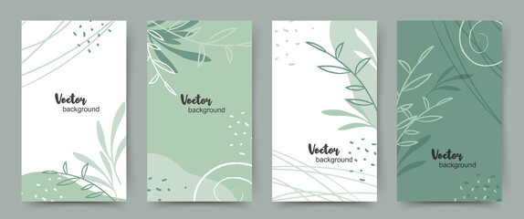 Background templates with copy space for text, plants and leaves for social media stories green tones. Vector illustration for mobile applications, invitations, advertisements, web banners