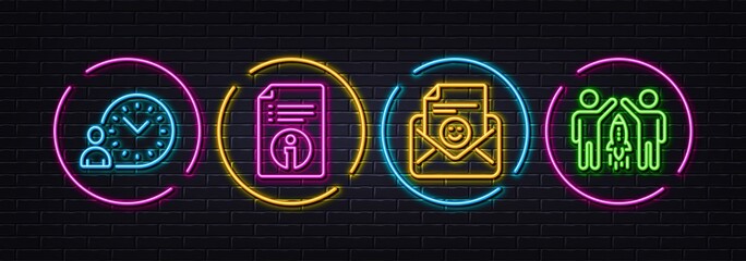 Time management, Smile and Technical info minimal line icons. Neon laser 3d lights. Partnership icons. For web, application, printing. Work time, Positive mail, Documentation. Business startup. Vector