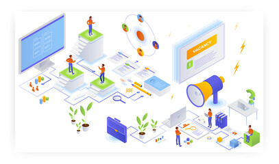 Employment, vector isometric illustration. Free vacancy, resume, career, human resources, recruiting, job search.